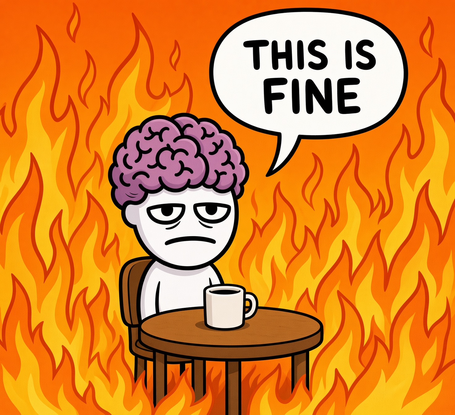 Mascot drinking coffee in a fire