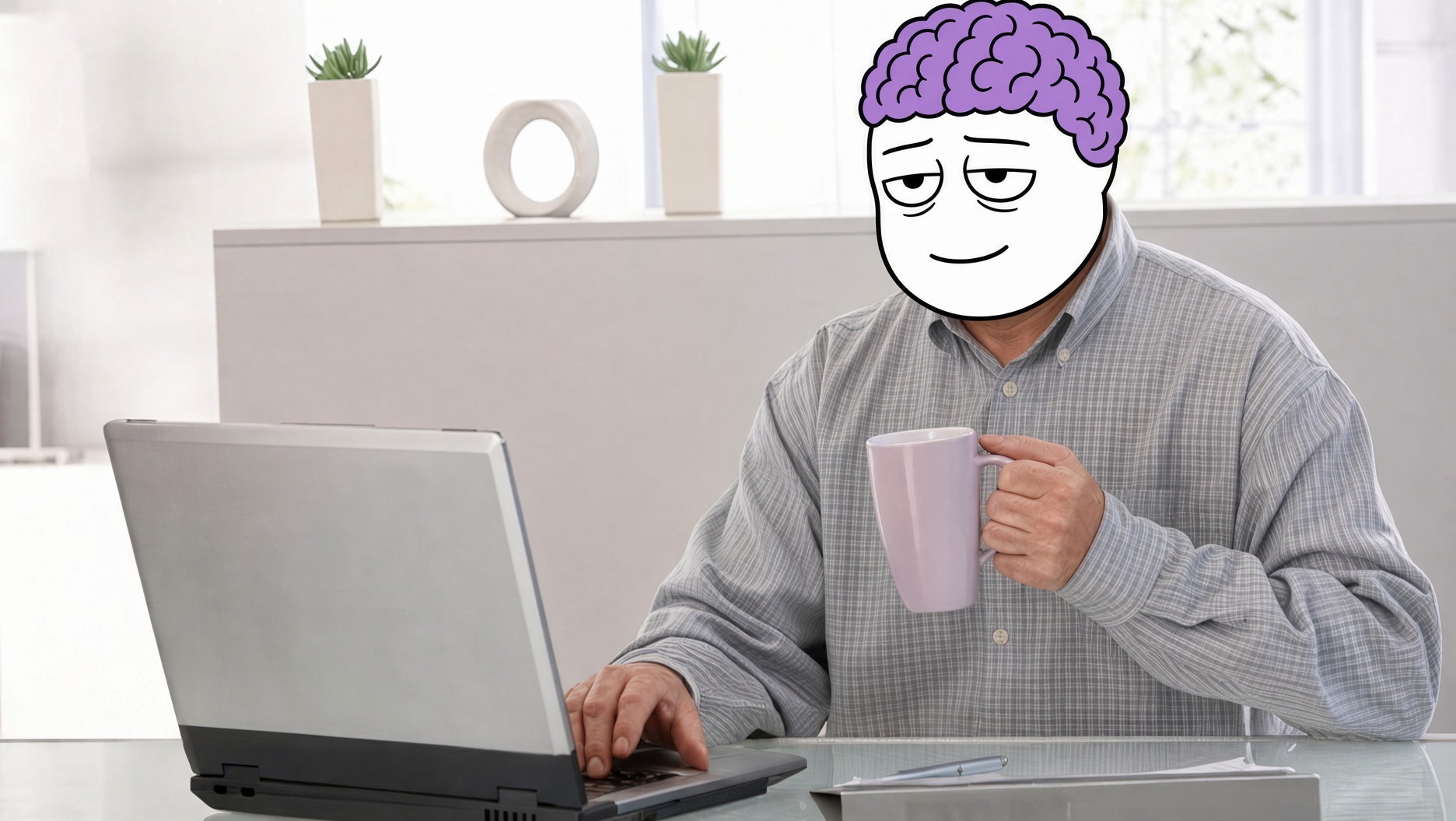 Mascot at a laptop with a mug