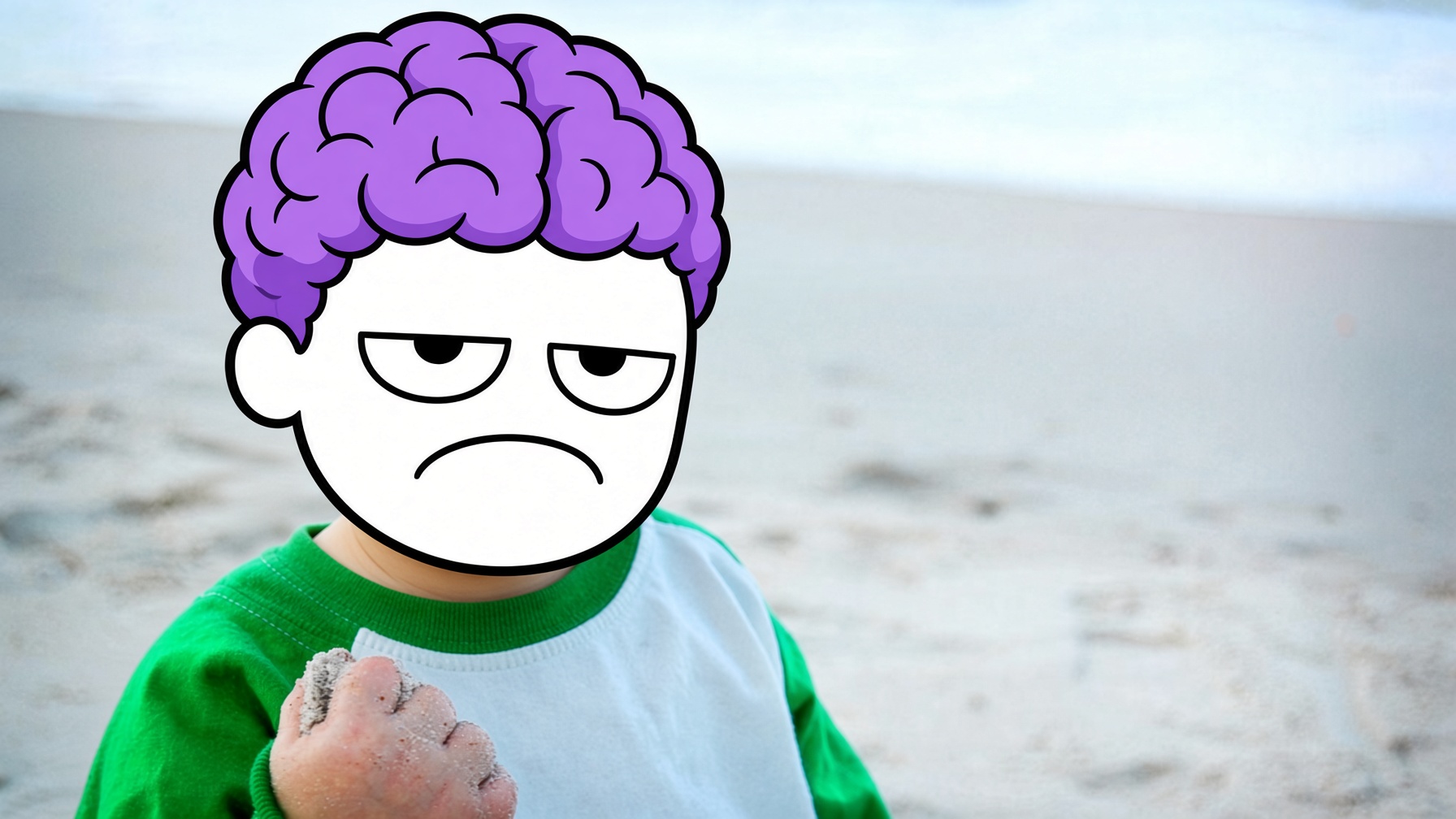 Mascot on a beach with a fist of sand
